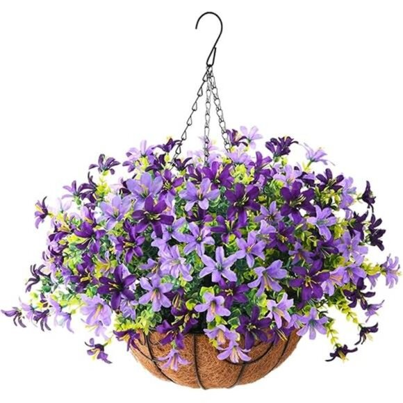 INQCMY Artificial Hanging Violet Flowers in Basket for Outdoors Summer - Picture 7 of 7